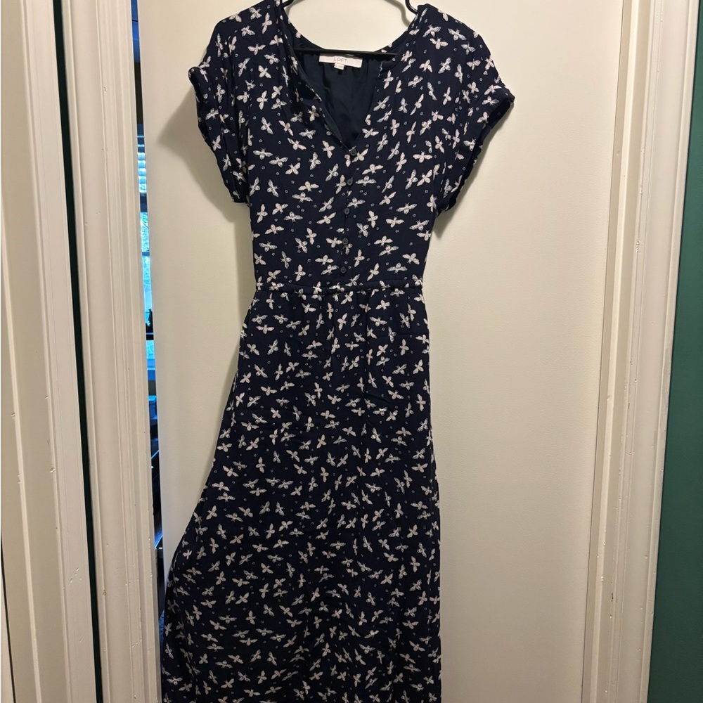 LOFT Navy Blue Bee Midi Dress